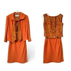Vintage Lilli Ann Suit 3 Piece Skirt Blazer Tank Orange 60s‎ Retro Womens Small